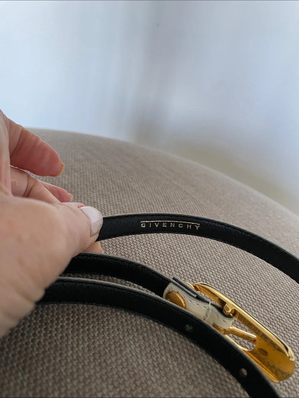 Givenchy Vintage Cream Patent Leather Slim Belt with Gold Buckle